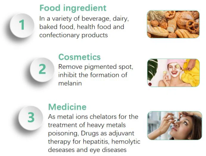 1.Food ingredient, In a variety of beverage, dairybaked food, health food andconfectionary products; 2.Cosmetics, Remove pigmented spotinhibit the formation ofmelanin; 3.Medicine, As metal ions chelators for thetreatment of heavy metalspoisoning, Drugs as adjuvanttherapy for hepatitis, hemolyticdeseases and eye diseases