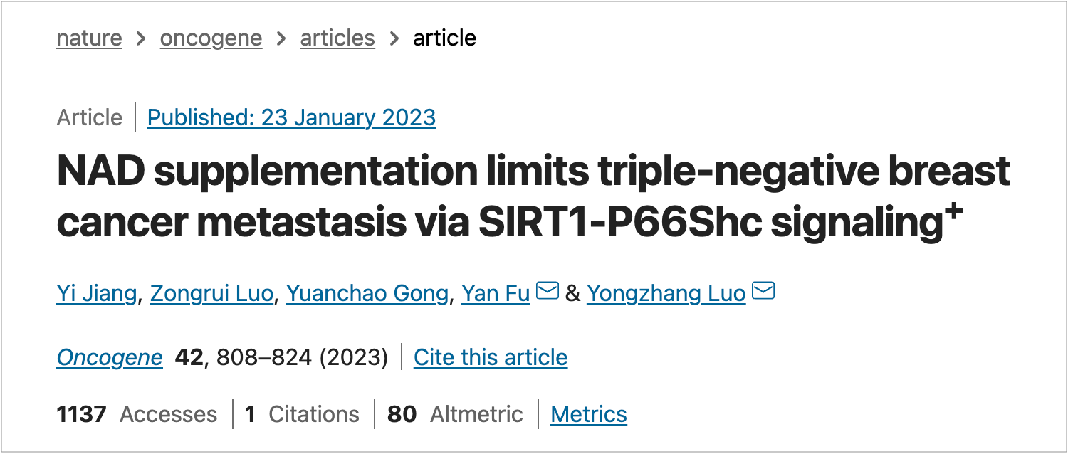 NAD supplementation limits triple-negative breastcancer metastasis via SIRT1-P66Shc signaling